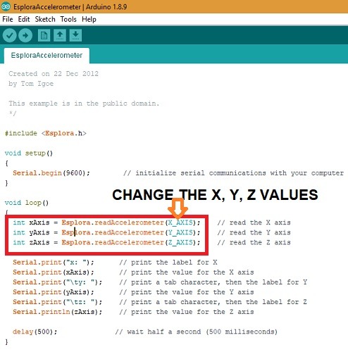 Arduino Esplora Change X Y Z Values