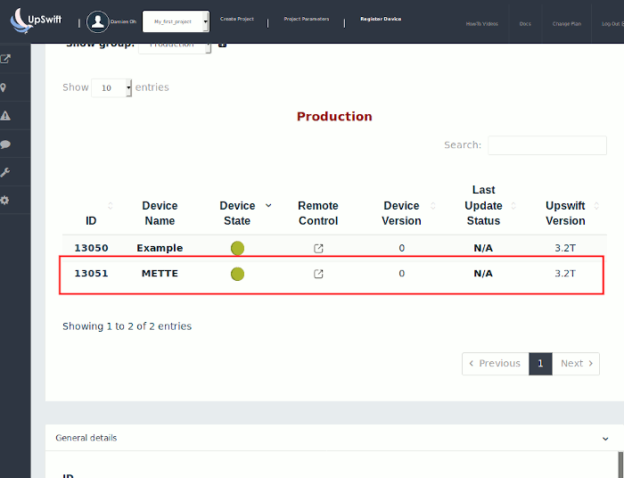 Upswift Devices In Dashboard