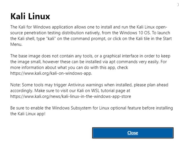 Kali Linux Installation Microsoft Store