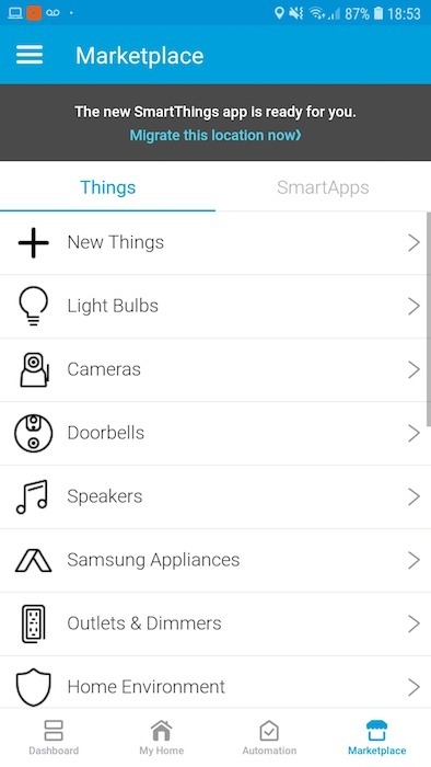 The Samsung SmartThings marketplace includes a range of ready-made smart apps.