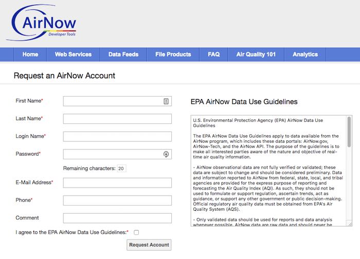 You can generate a free API key, using the Air Now website. 