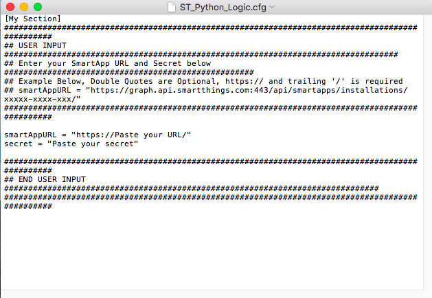 You need to add your secret and URL to this file's "smartAppURL" and "secret" fields.