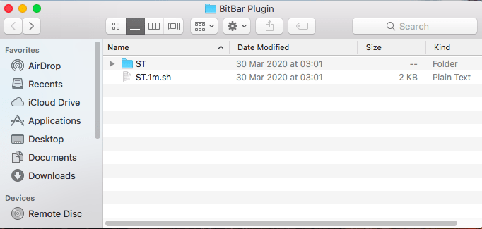 The BitBar plugin contains a ST directory and an ST.1m.sh file.