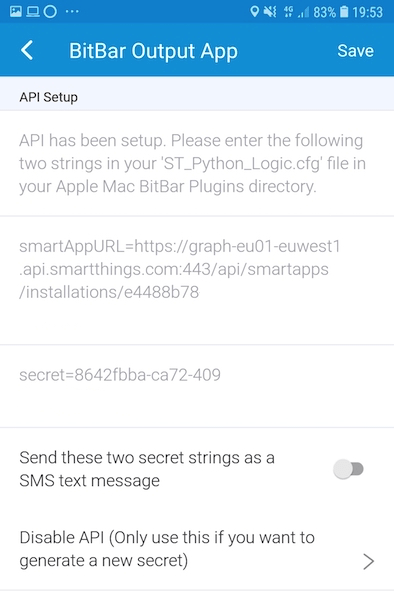 The BitBar Output App will now display a URL and a secret.