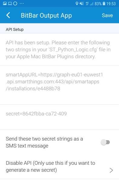 Bitbar Smartthings Output App Smart The BitBar Output App will now display a URL and a secret.
