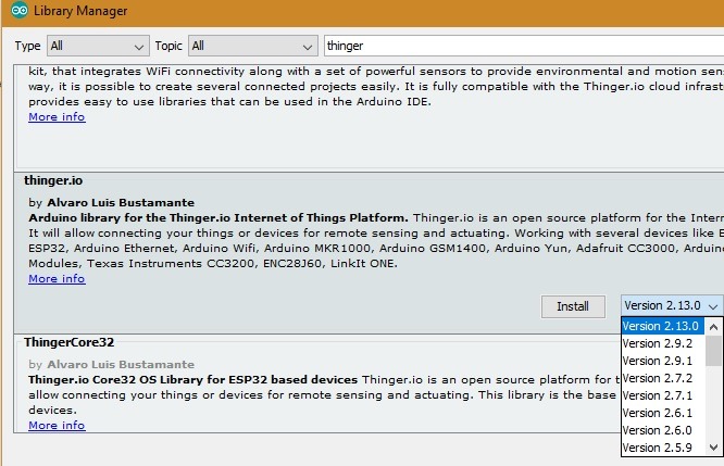 Arduino Cloud Library Manager Thinger.io 1 1