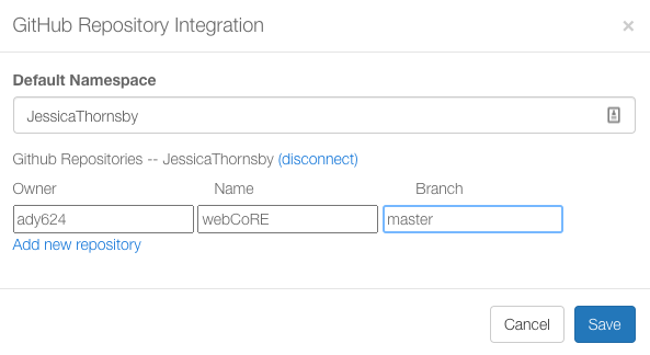 In the "GitHub Repository Integration" screen, enter: ady624, webCoRE, and master.