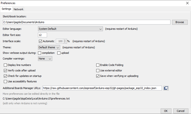 Preferences For Loading Esp32 Dependencies