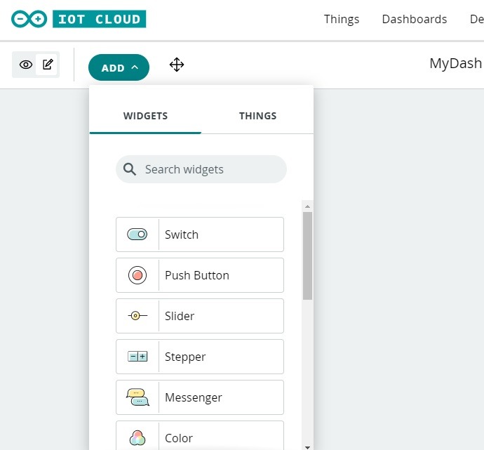 Arduino Web Editor Dashboards Add