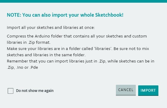 Arduino Web Editor Sketchbook Import