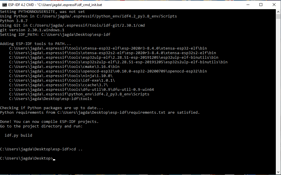 Setting Desktop As Current Path Of Esp Idf