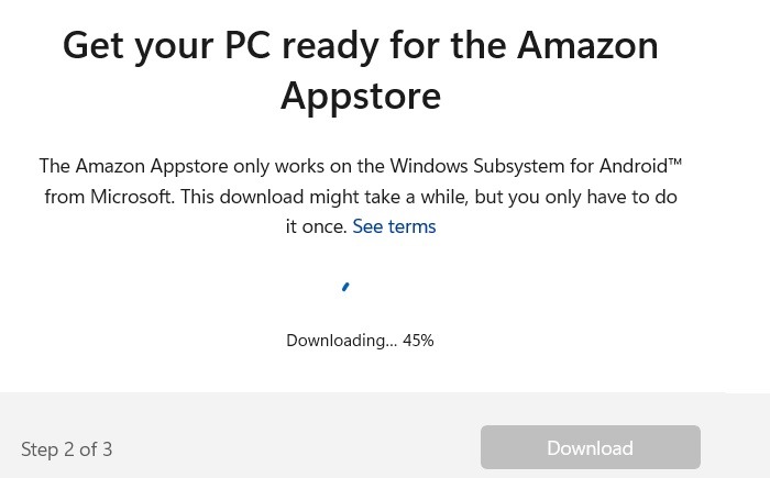 Downloading Windows Subsystem for Android from Microsoft Store Amazon Appstore.