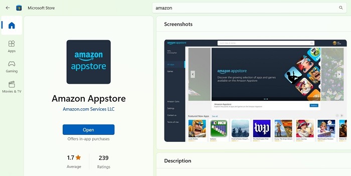 Open Amazon Appstore in Microsoft Store for Windows 11.