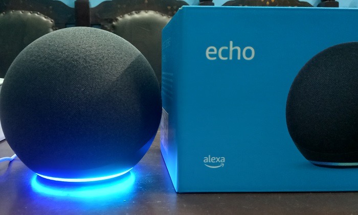 Amazon Echo in Listening Mode with Blue lights on.
