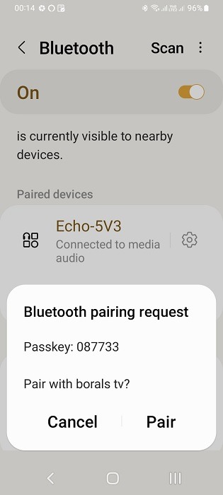 Bluetooth Pairing Request With TV on Android Phone.