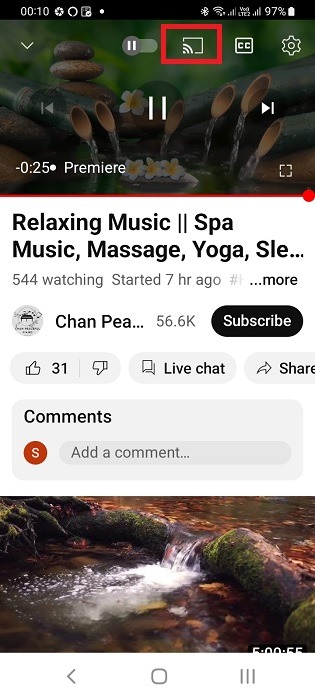 Casting button in YouTube app on Android phone.