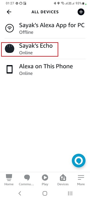 Echo speaker selected in Alexa App from all devices.