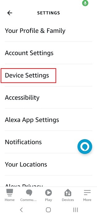 Youtube Alexa App Device Settings menu.