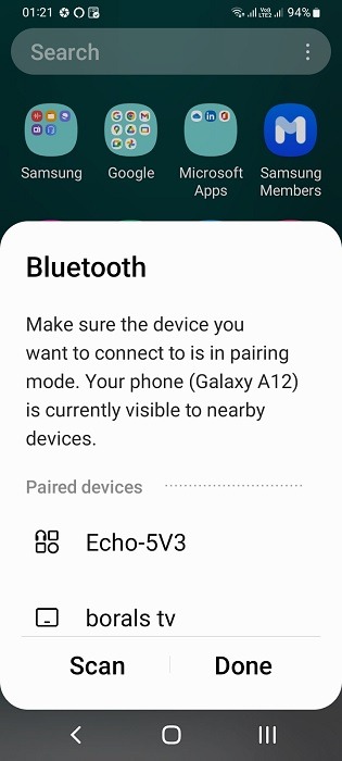 Echo Device showing pairing in Bluetooth with Android phone.