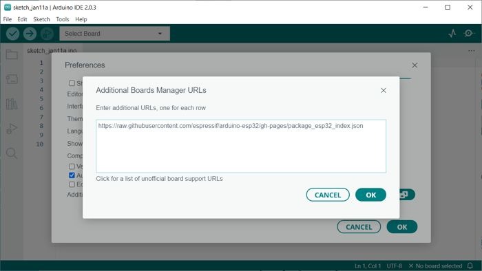 Arduino Ide Files Preferences Additional Boards Manager Urls With Link To Esp32 Core Pasted Screenshot