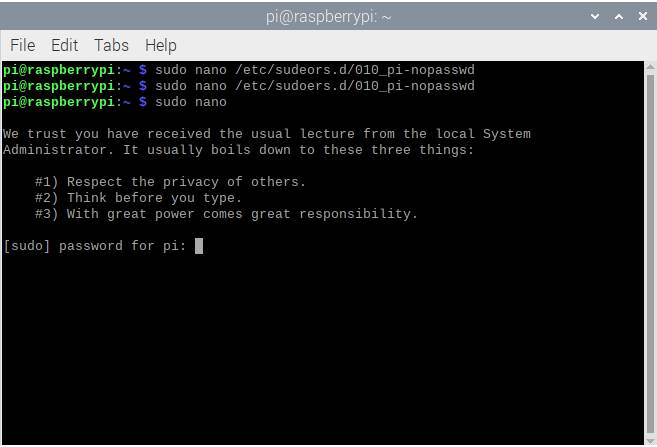 Raspberry Pi Terminal Sudo Asks For Password Before Allowing Nano To Work Screenshot