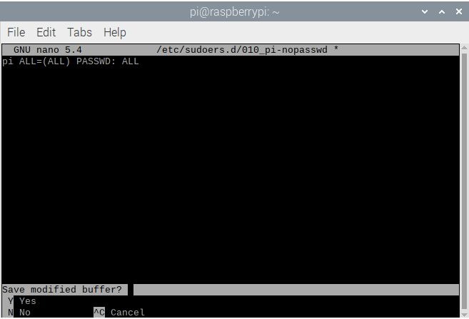 Raspberry Pi Terminal Sudo Nano 010 Pi Nopasswd Saving Buffer Screenshot