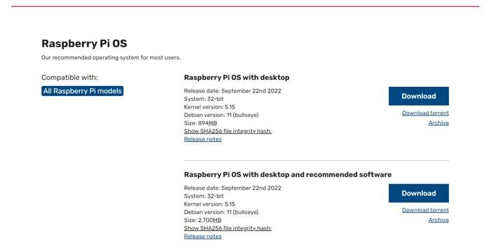 Raspberry Pi Website Page For Latest Raspberry Pi Os Debian Version 11 Kernel Version 5 15 Screenshot