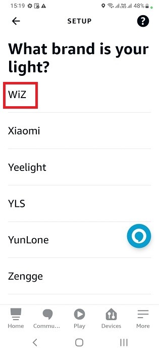 Identify device type as Wiz in Alexa smart lighting app in Android. 