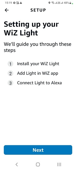 WiZ Lights app recommended by Alexa app for smart lighting connection.