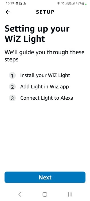 WiZ Lights app recommended by Alexa app for smart lighting connection. 