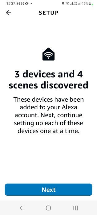 Discovered devices and scenes in Alexa app. 