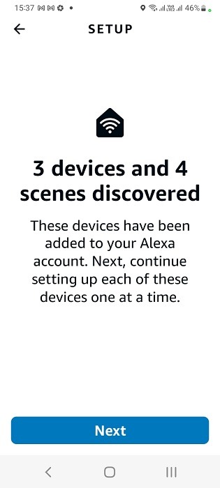 Discovered devices and scenes in Alexa app.
