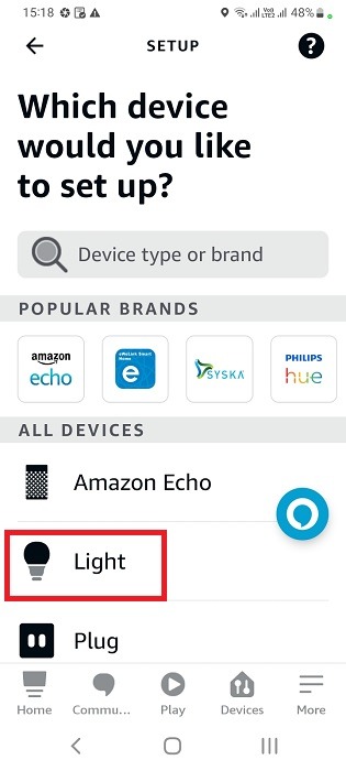 Identify device type as light in Alexa app for pairing. 