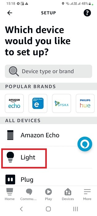 Identify device type as light in Alexa app for pairing.