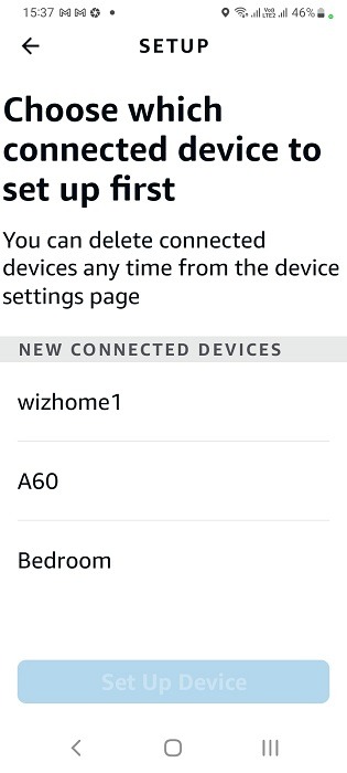 Setting up connected devices in Alexa app as shown.
