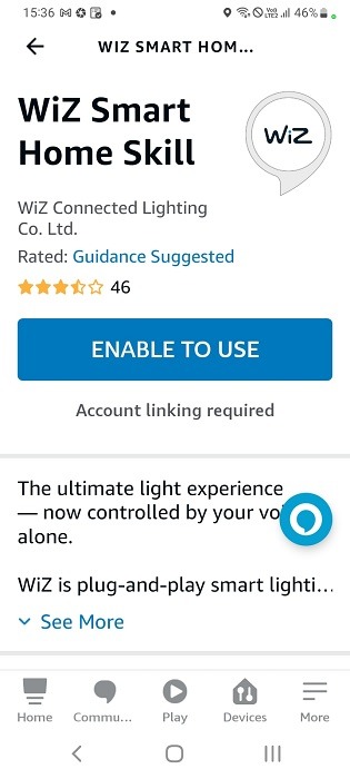 Enabling to use WiZ smart home skill in Alexa app. 