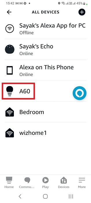 All connected devices visible in Alexa app with smart bulb highlighted.