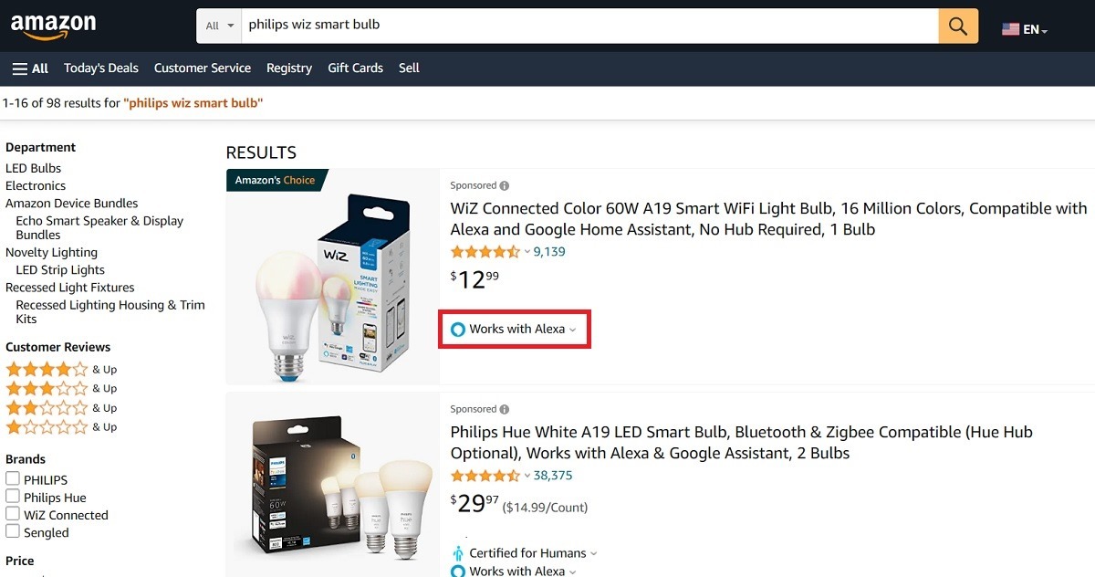 Check works with Alexa logo for smart bulb device before purchase.