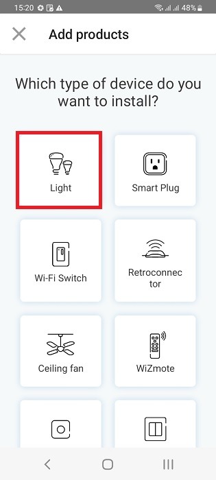 Select device type as Lights for WiZCompanion app in Amazon Alexa app.