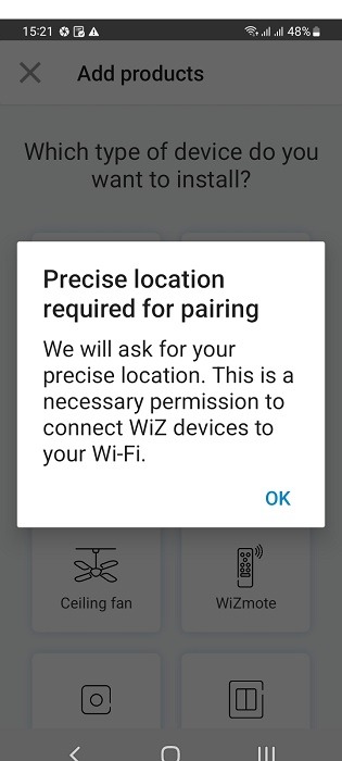 Precise location set up in WiZ Companion app for Amazon Alexa lighting.