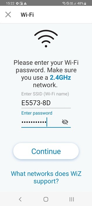 Set up Wi-Fi SSID in WiZ Companion app for Alexa lighting support.