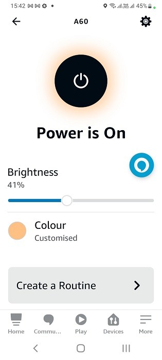 Customized color activated in Alexa app for a smart bulb.