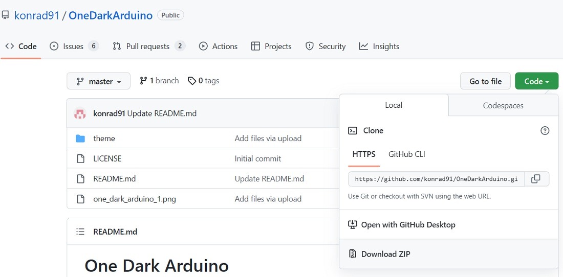 One Dark Arduino theme Zip file downloaded from GitHub