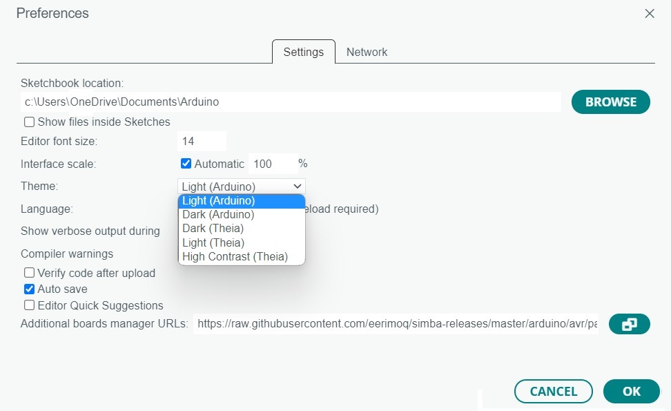 List of system themes available with Arduino IDE software under "File, Preferences." 