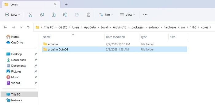 Pasting Arduino.DuinOS folder in Hardware Cores subfolder. 