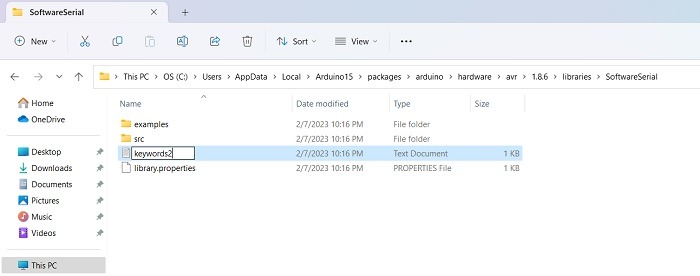 Renaming keywords text file in Arduino Folder. 