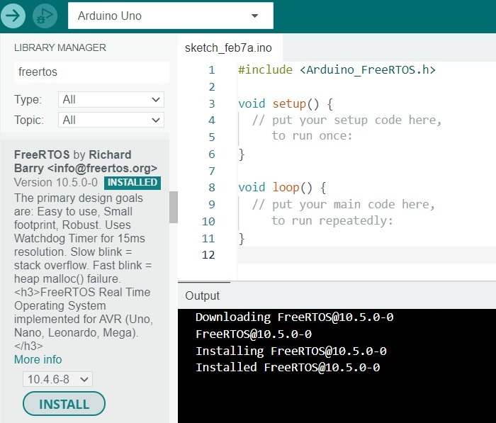 FreeRTOS library installed in Arduino IDE.