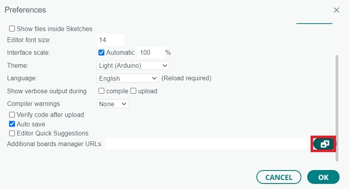 Click Additional board managers URLs button under Preferences in Arduino IDE.