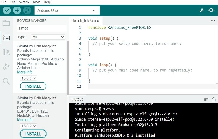 Simba package installed in Arduino IDE as a board. 