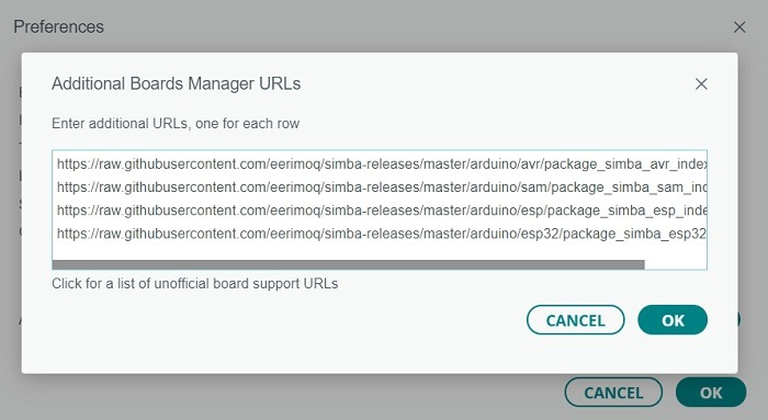 Additional URLs to download Simba into Arduino IDE additional boards. 